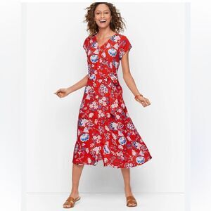 Talbots Red Blue Cream Floral Print V Neck Button Front Sash Waist Dress